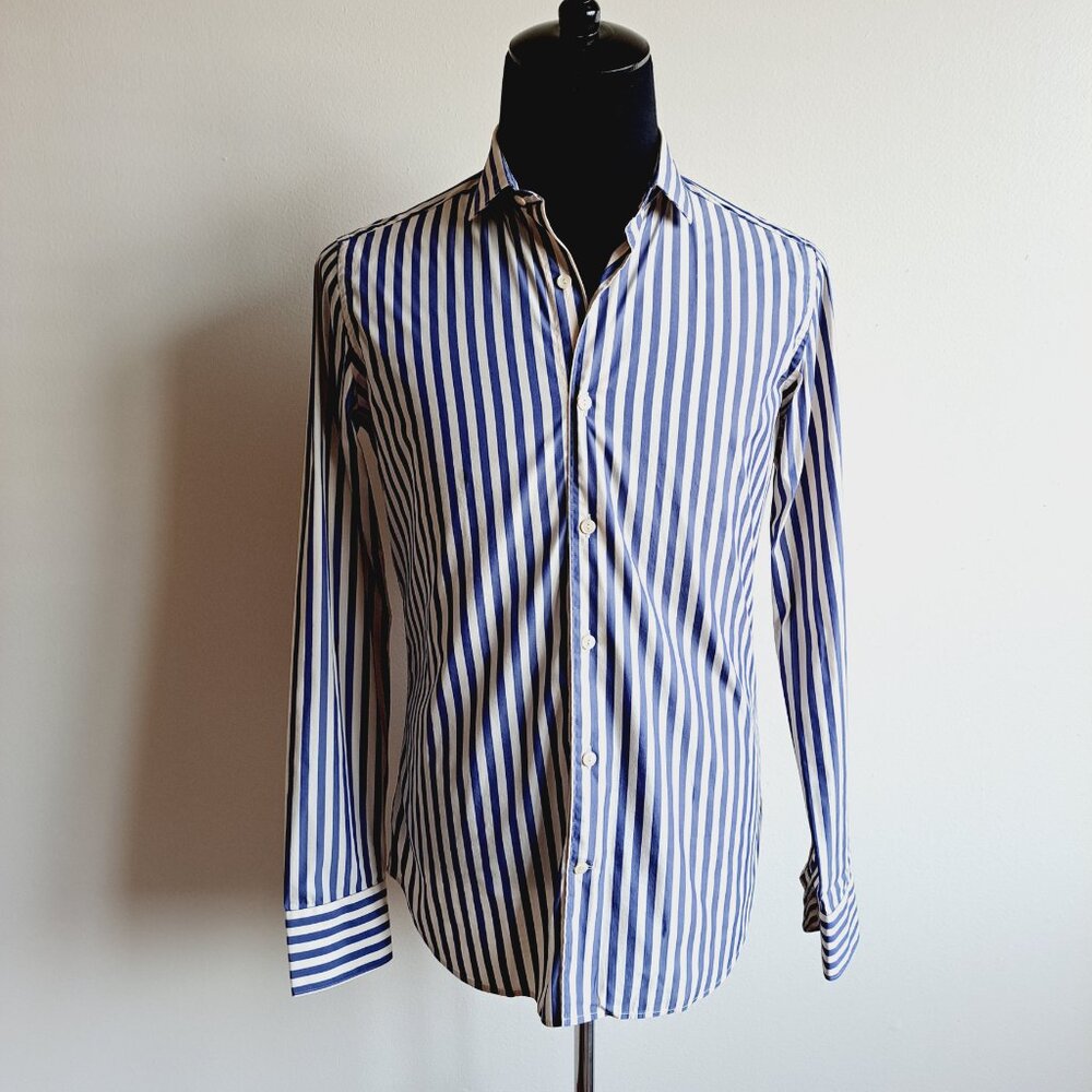 NEW Tintoria Mattei 954 Men's Blue White Stripped Long Sleeves Slim Shirt Sz 40